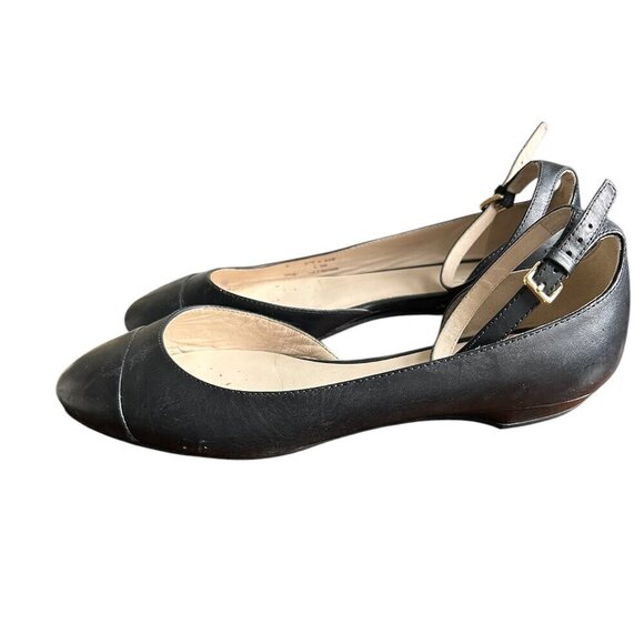 COLE HAAN Black Leather Rounded Toe Ballet Flats with Ankle Tie Strap. US 6.5 - Picture 2 of 8